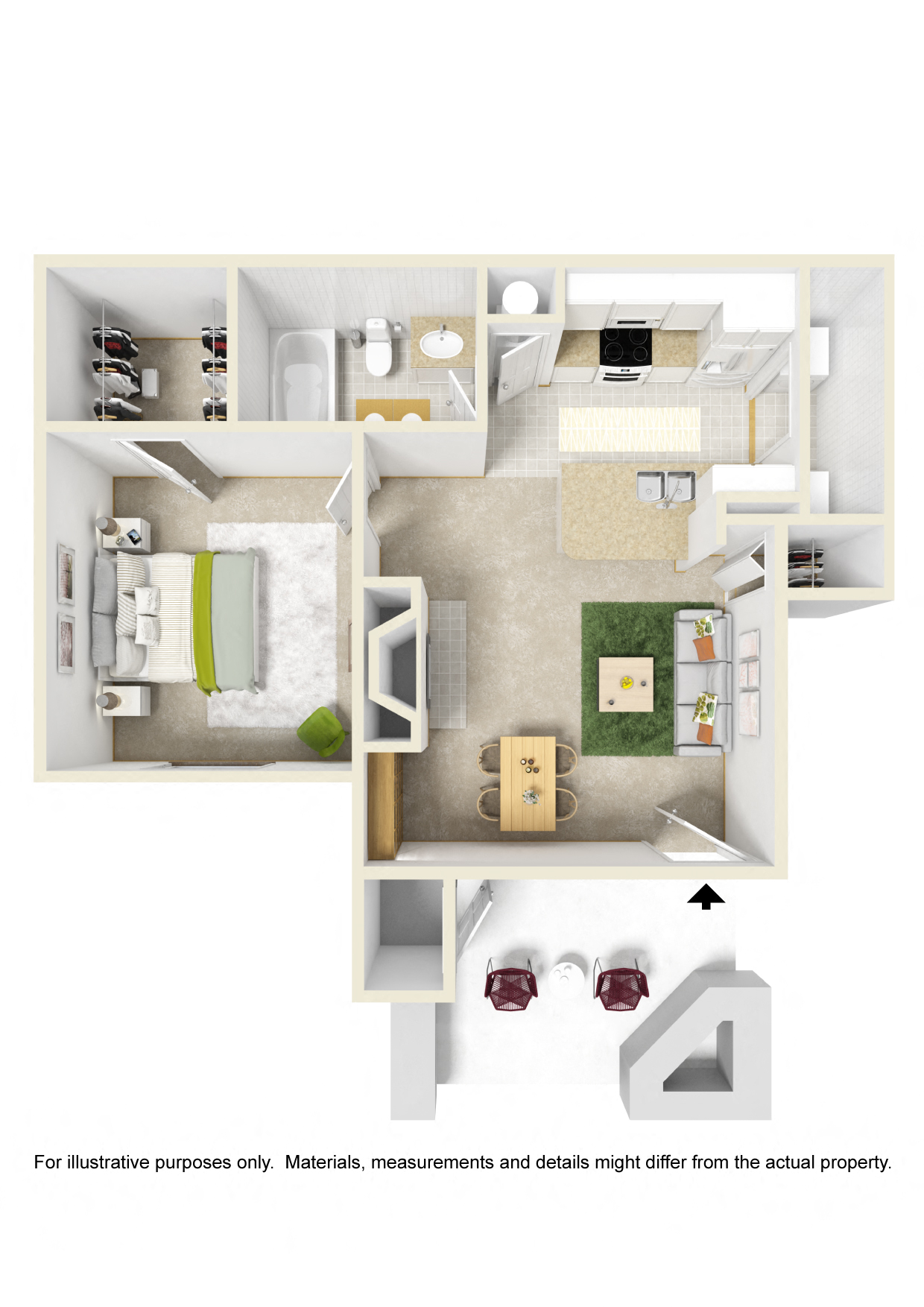Floor plan for 1 bed, 1 bath, 495 sqft